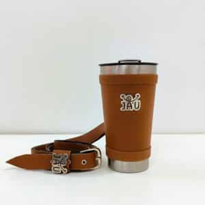 Vaso térmico forrado JAU con corra bandolera Marron eco cuero