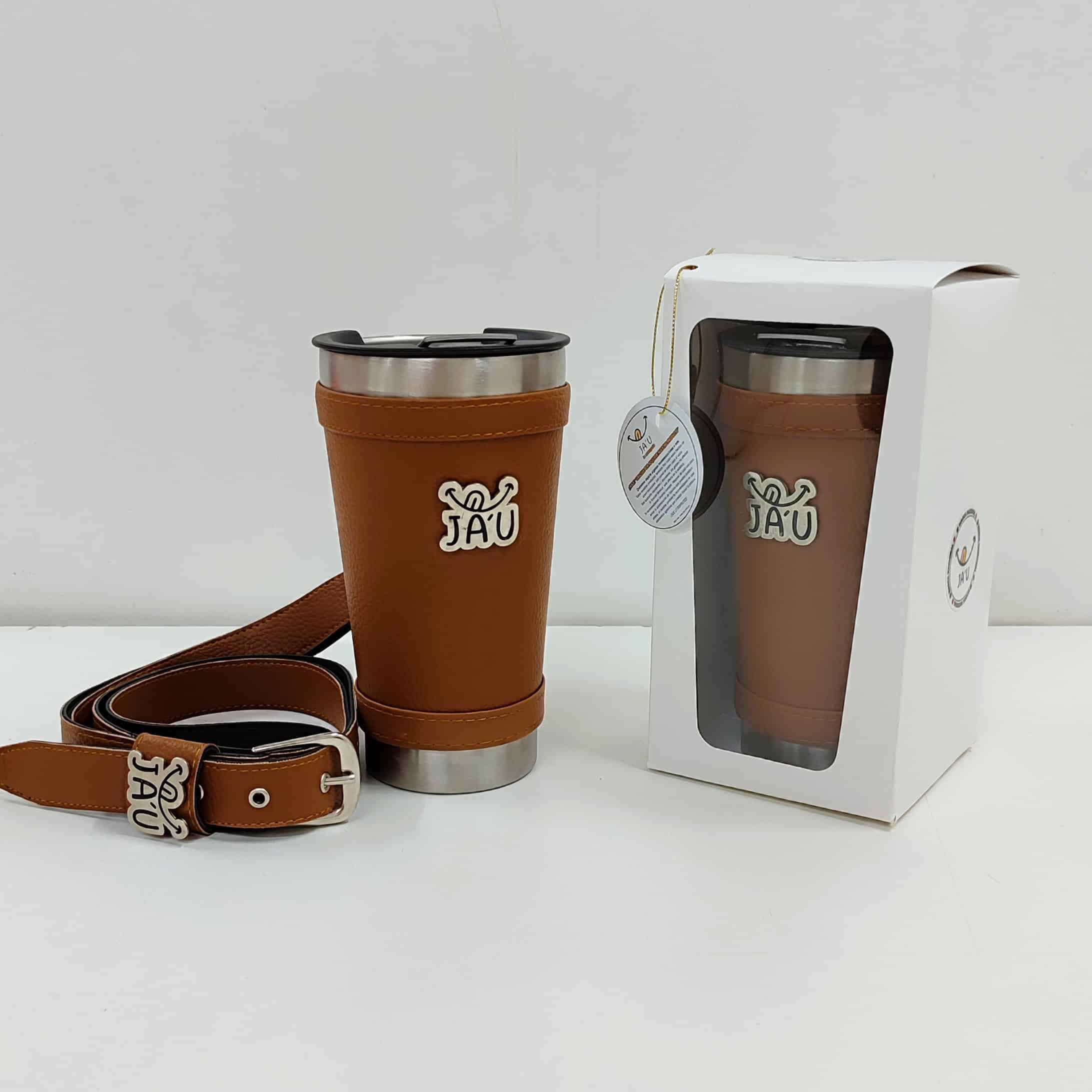 Vaso térmico forrado JAU con corra bandolera Marron eco cuero