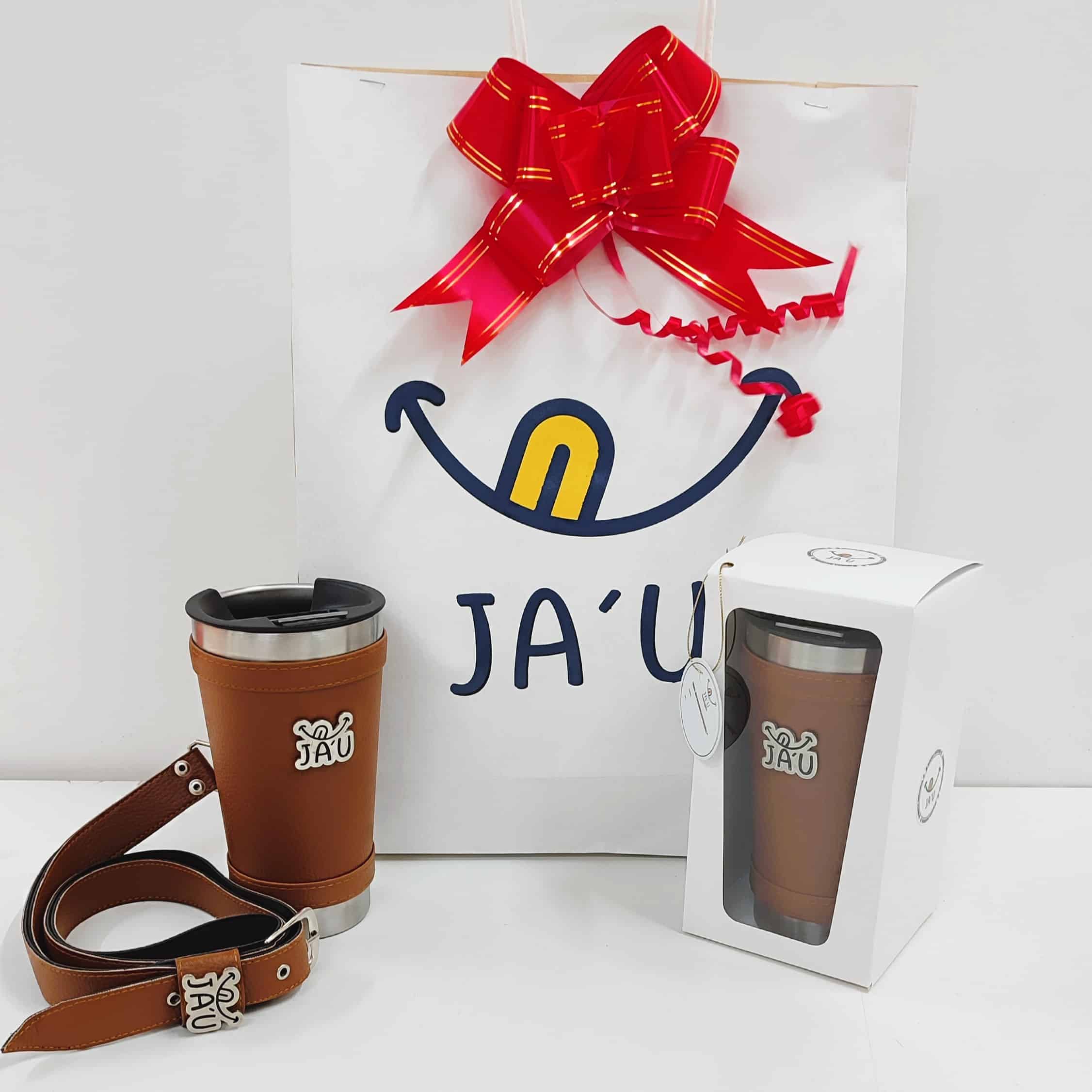 Vaso térmico forrado JAU con corra bandolera Marron eco cuero