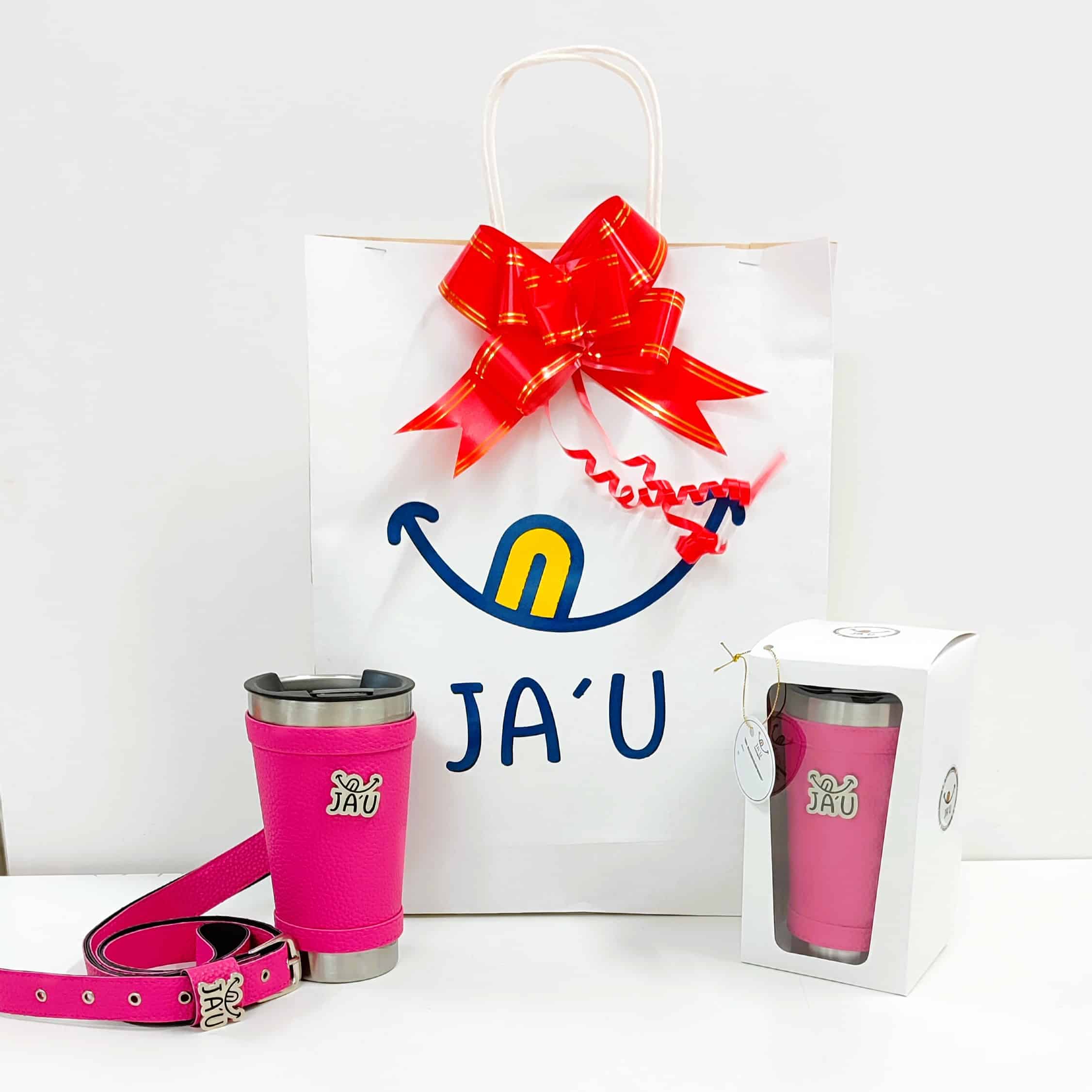 Vaso térmico forrado JAU con corra bandolera Rosado
