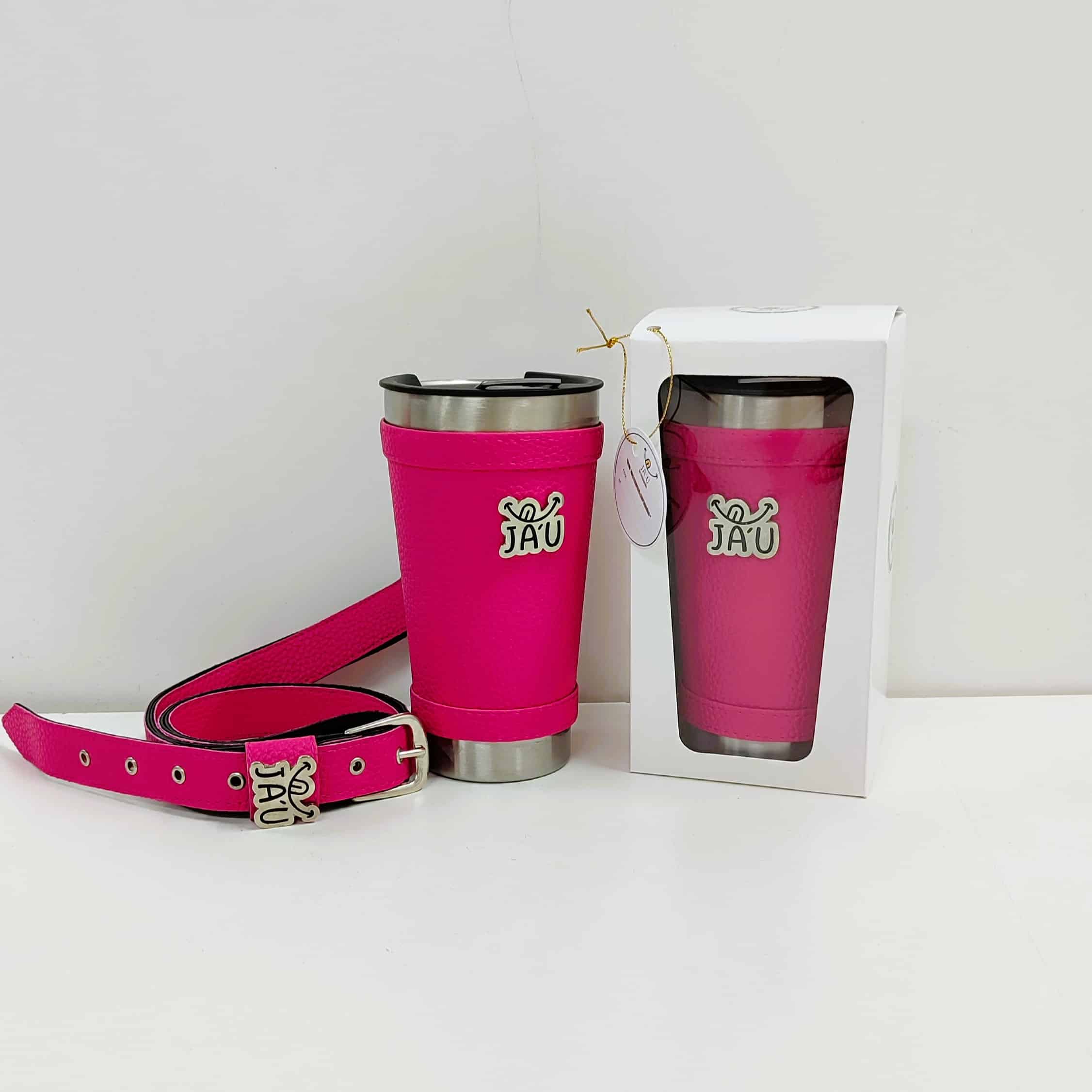 Vaso térmico forrado JAU con corra bandolera Rosado
