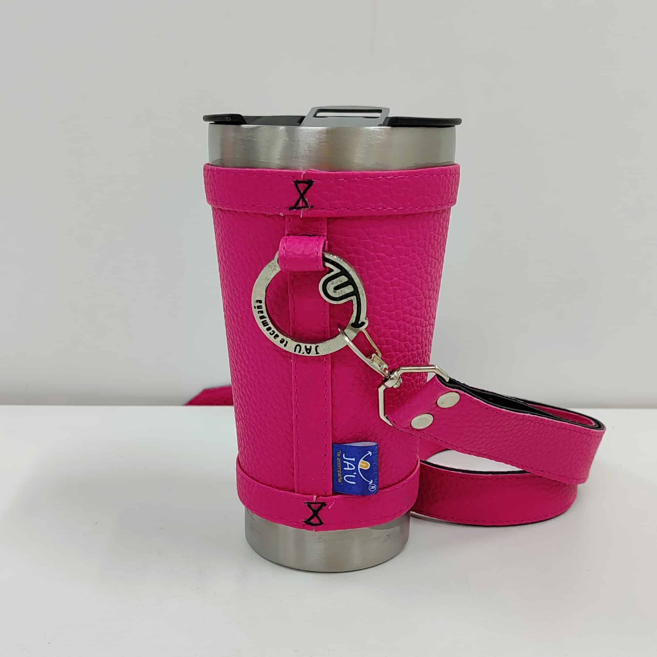 Vaso térmico forrado JAU con corra bandolera Rosado