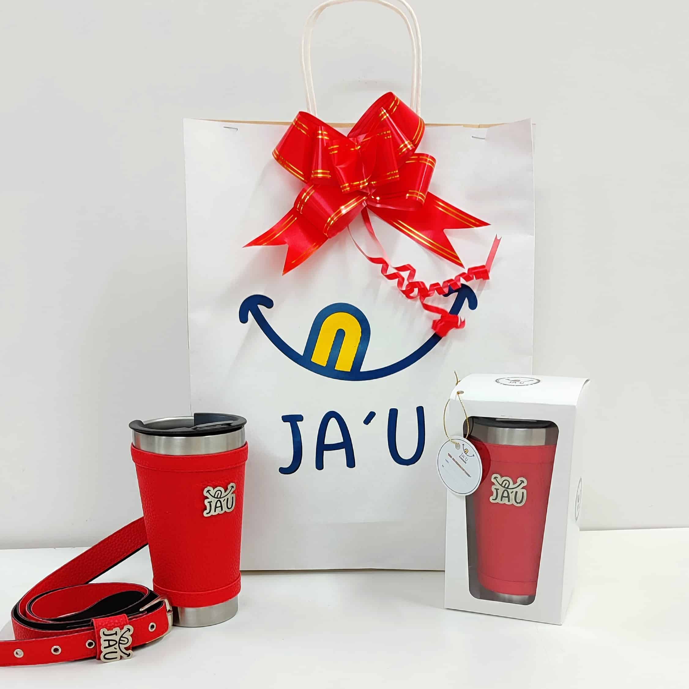 Vaso térmico forrado JAU con corra bandolera Rojo