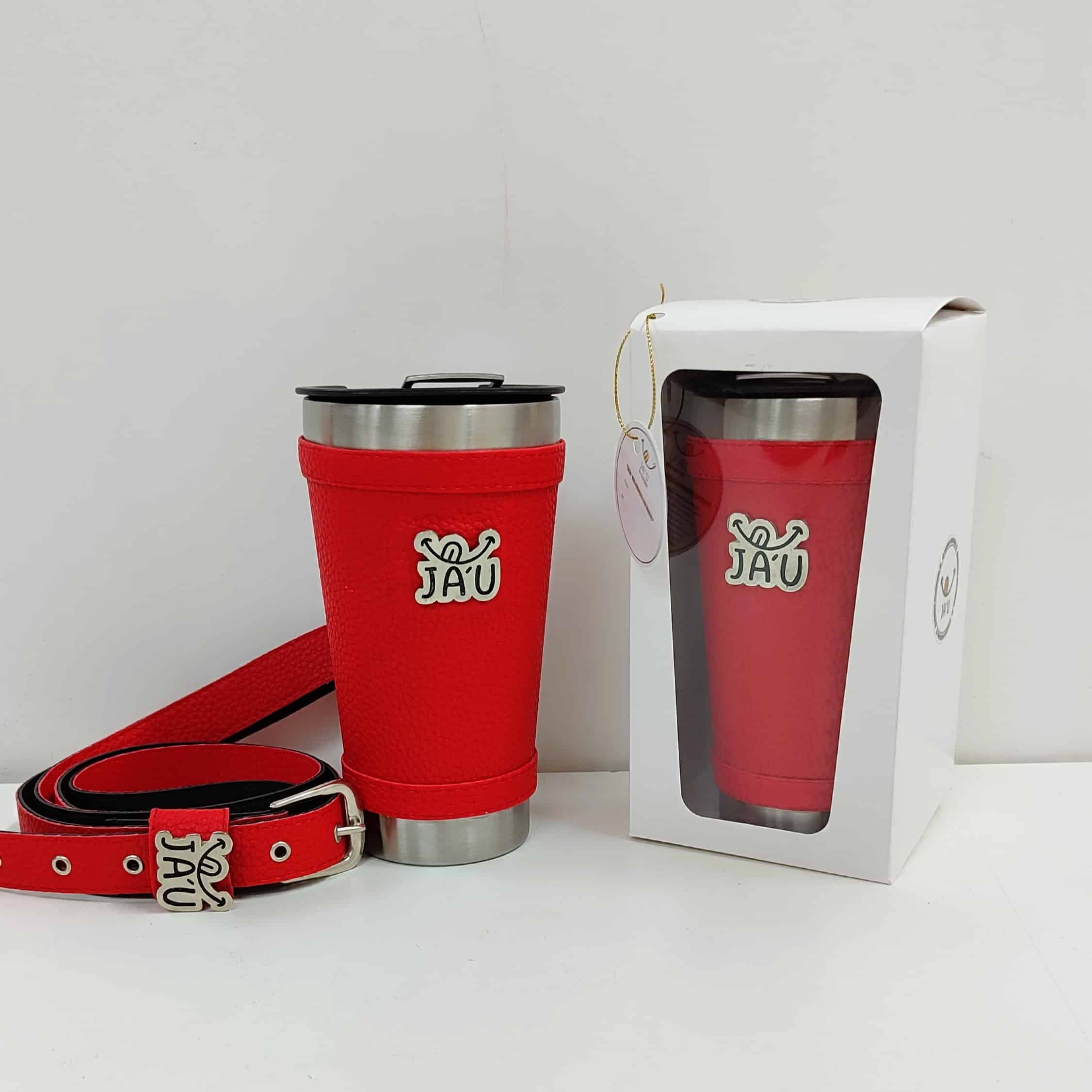 Vaso térmico forrado JAU con corra bandolera Rojo