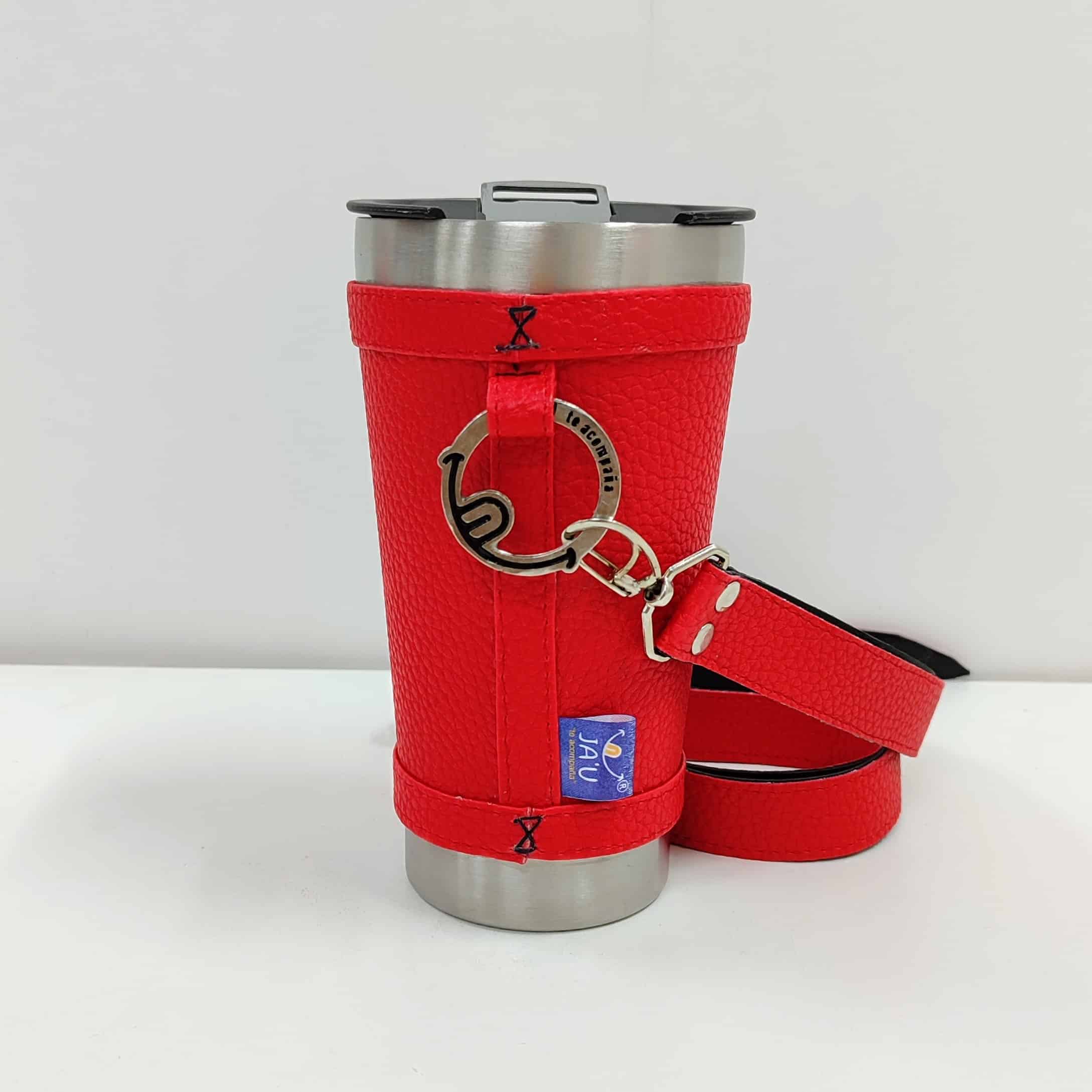 Vaso térmico forrado JAU con corra bandolera Rojo